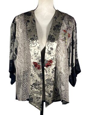 Asian art to wear Embroidered Kimono-Style Open Jacket Snake Print Floral Accets